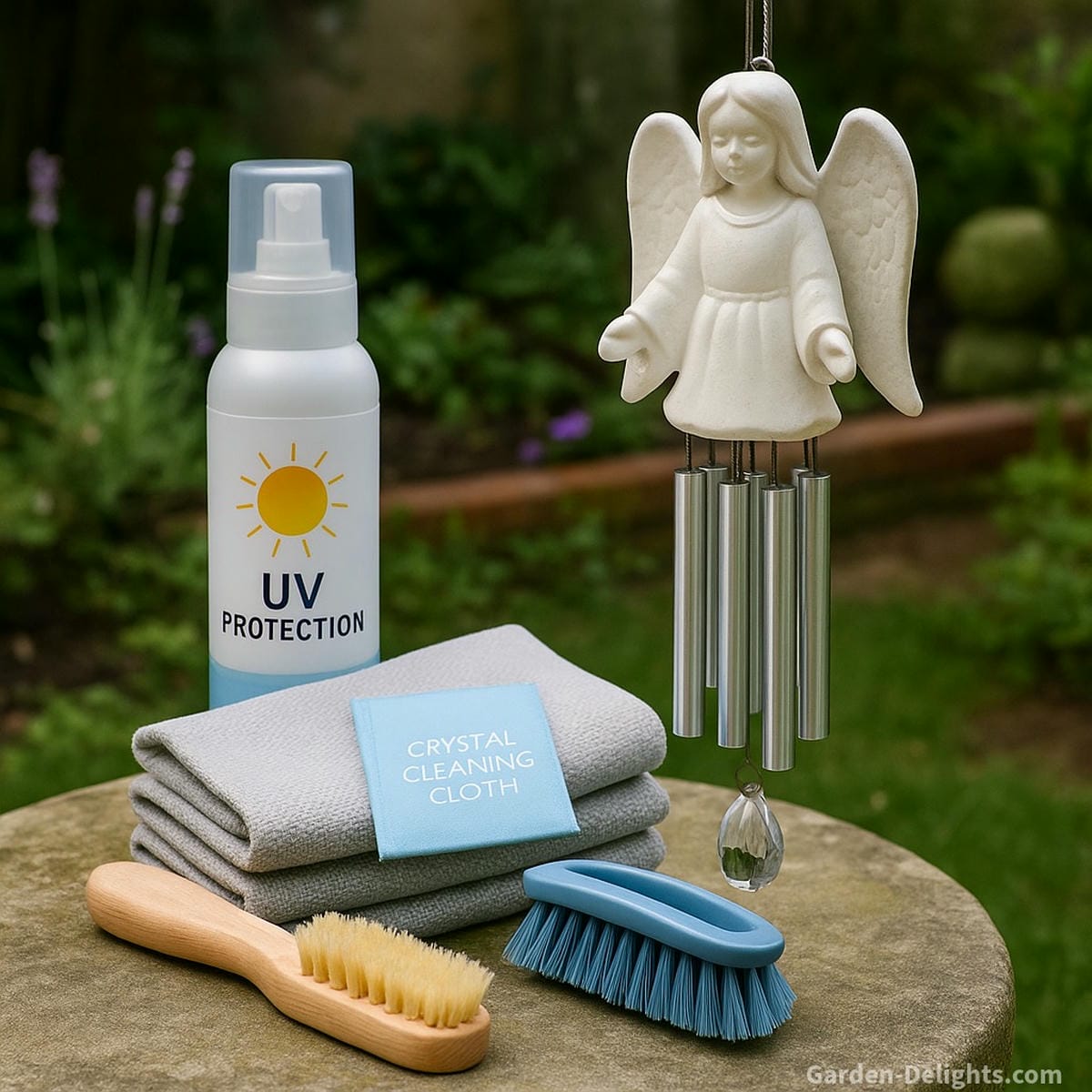 Brushes, cloths, UV spray and crystal wipes beside a silver angel wind chime with ceramic wings in a spiritual garden