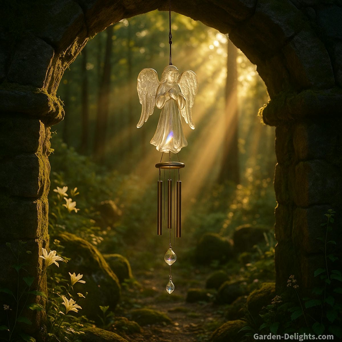 Angel wind chime with crystal wings and bronze tubes beneath a forest archway, offering grief relief, inner peace, and spiritual connection through healing sound and golden light