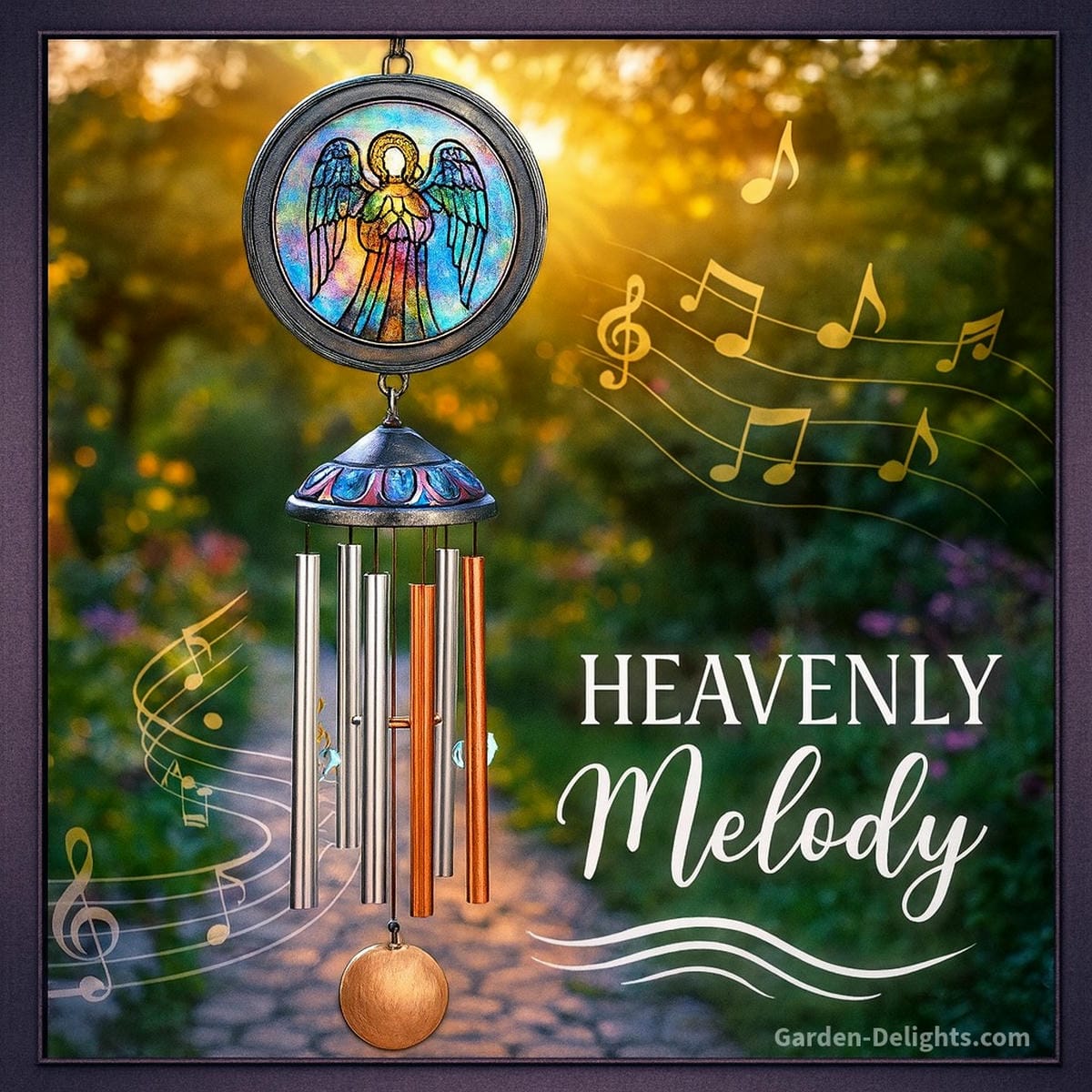 silver and copper angel wind chimes in garden breeze creating layered tones resonance and peaceful emotional atmosphere