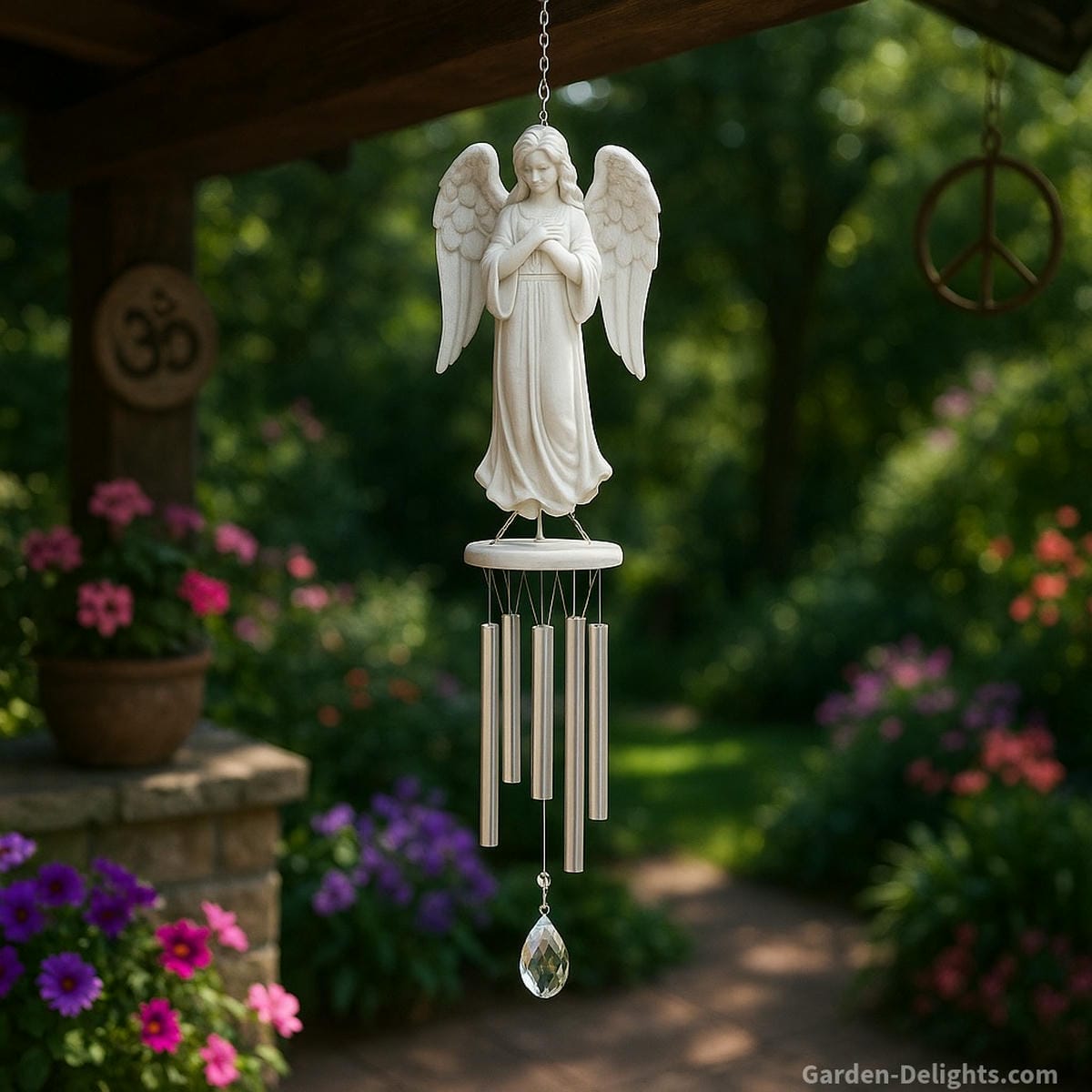 angel wind chime on shaded patio creating soft airflow tone gentle movement and peaceful reflective outdoor space