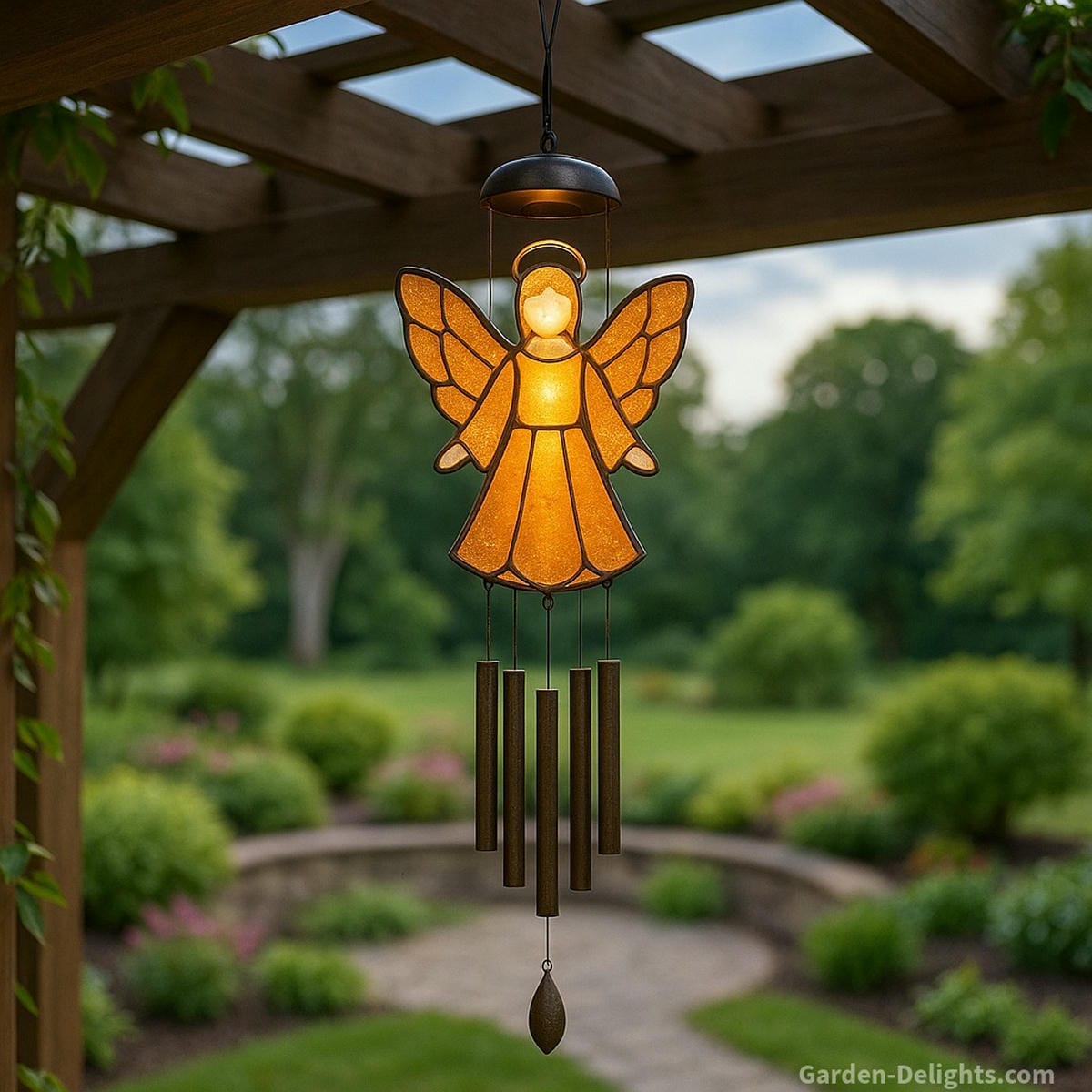 Solar angel wind chimes with stained-glass wings glowing beneath a pergola bringing comforting light, remembrance, and peaceful sound to a twilight memorial patio
