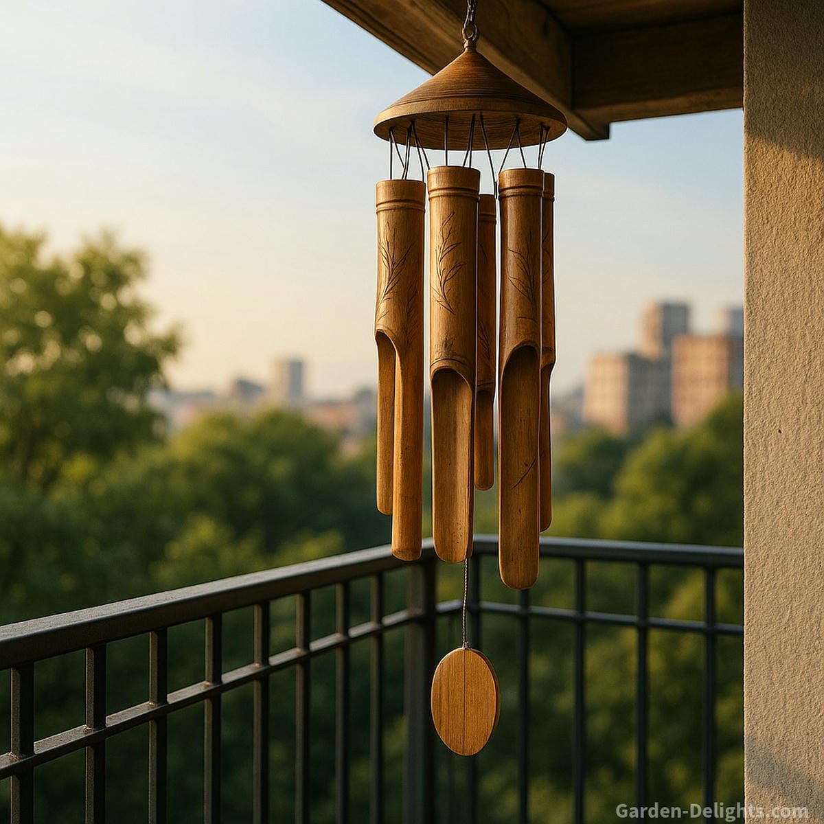 Natural bamboo wind chimes hanging in a Feng Shui entryway balcony corner, wooden tubes glowing in sunlight and swaying gently to channel chi energy, peace, and eco-conscious harmony
