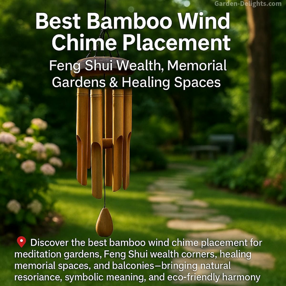 Best bamboo wind chime placement for Feng Shui wealth zones, memorial gardens, meditation spaces, and shaded patios symbolizing natural sound healing, eco-friendly harmony, and spiritual chi balance in outdoor décor.