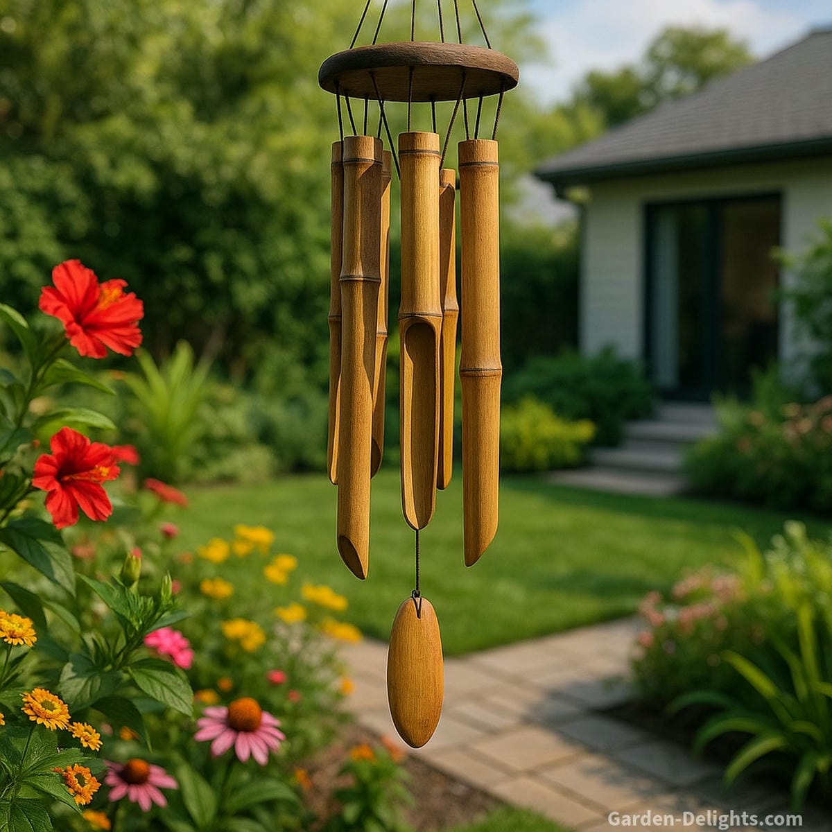 Bamboo wind chimes swaying in a peaceful garden with tropical flowers, wooden accents, and symbolic natural sound healing