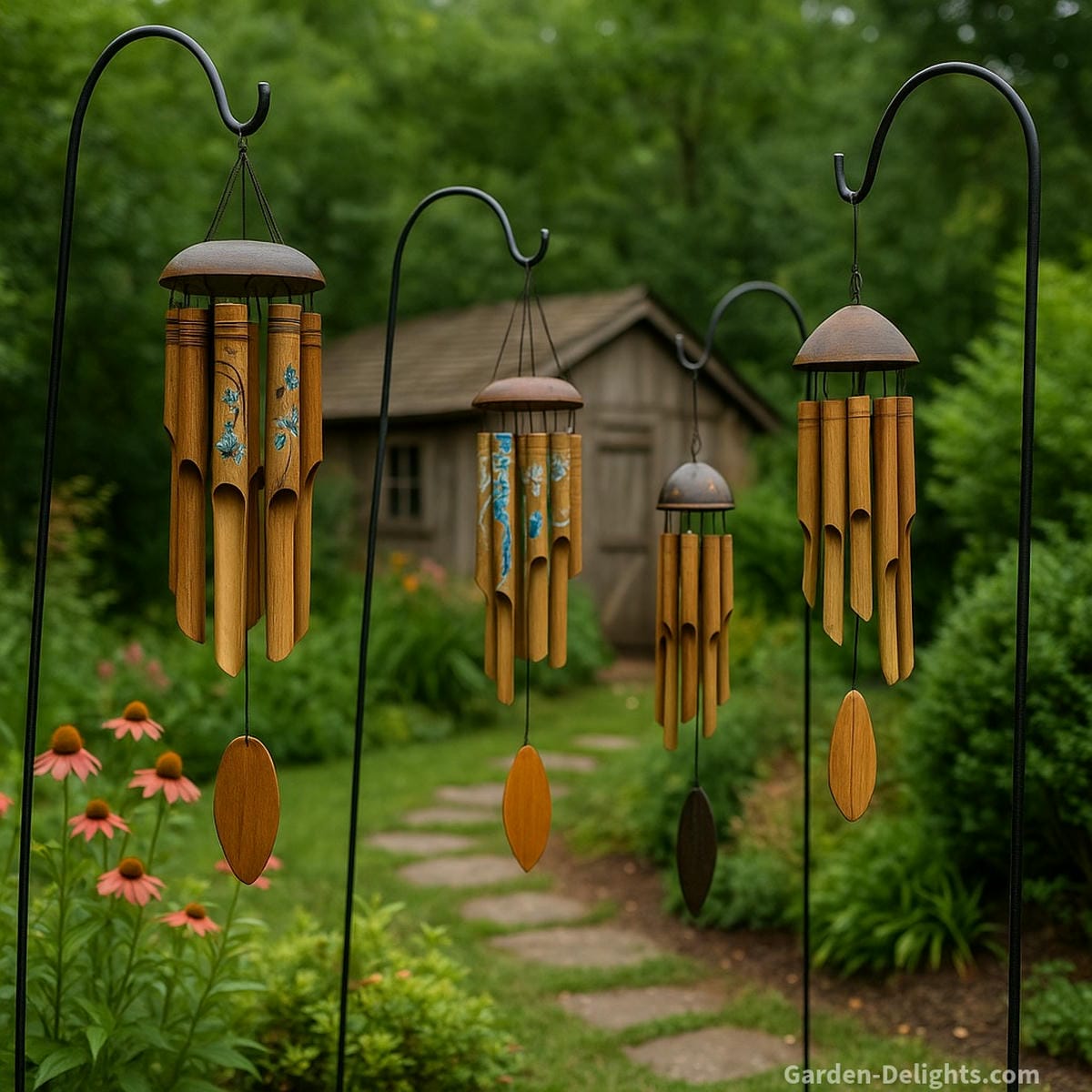 Bamboo wind chimes displayed in a peaceful patio garden large carved bamboo chimes for deep resonance, painted bamboo chimes for artistic décor, fusion bamboo and metal chimes for symbolic balance, and natural finish bamboo chimes for spiritual healing. Ideal for Feng Shui placement, eco-friendly gifts, and outdoor harmony.
