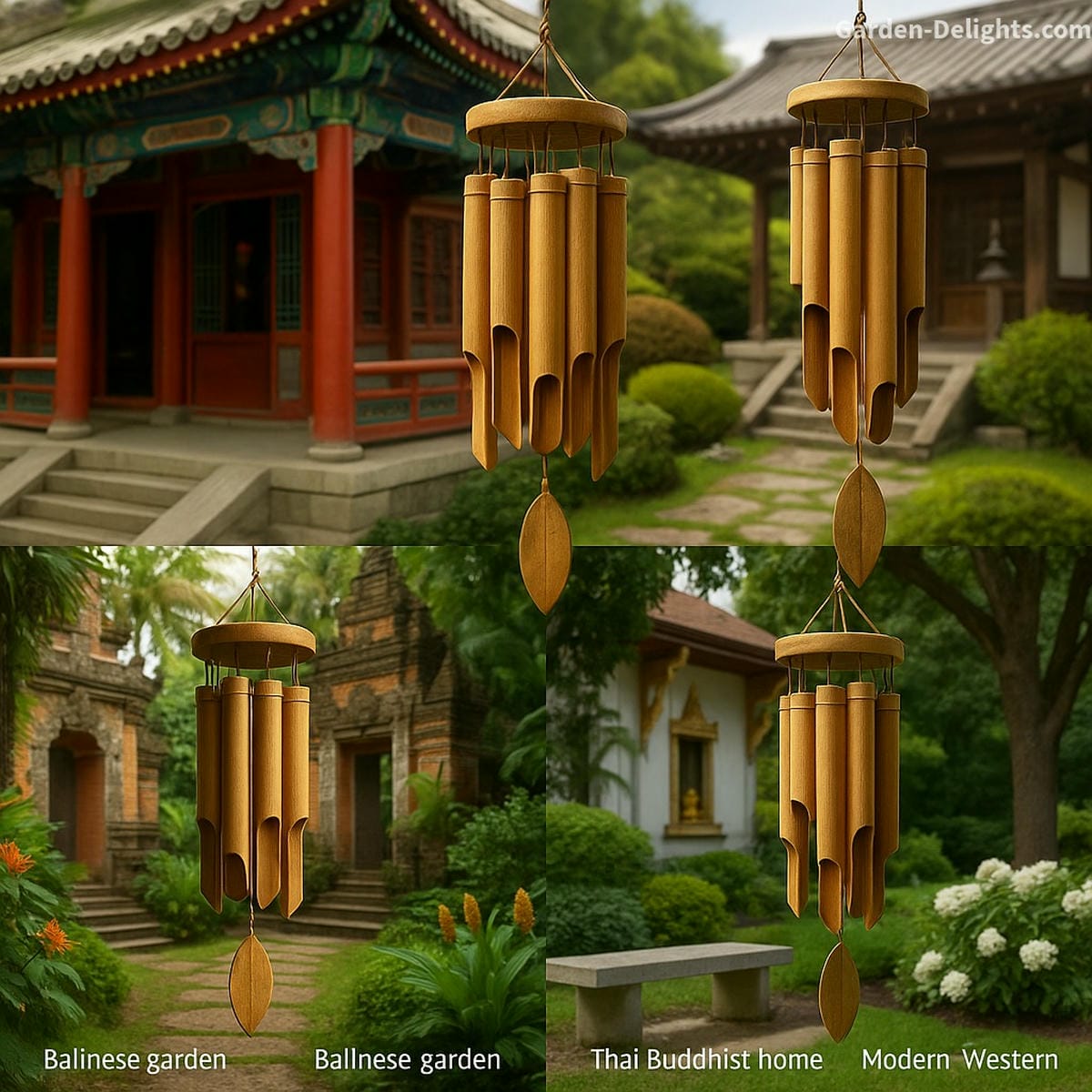 Bamboo wind chimes displayed in Chinese temples, Japanese Zen shrines, Balinese gardens, Thai Buddhist homes, and modern Western memorial spaces symbolizing harmony, healing sound, and cultural significance across the world