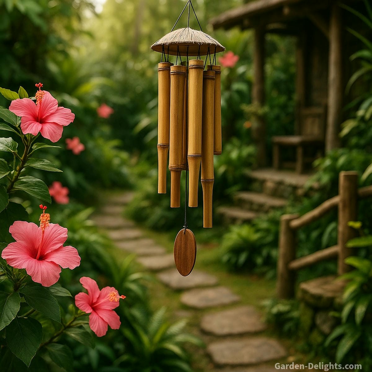 Bamboo wind chimes hanging in a tranquil meditation garden with tropical flowers and rustic wooden accents, symbolizing harmony, mindfulness, and natural sound healing
