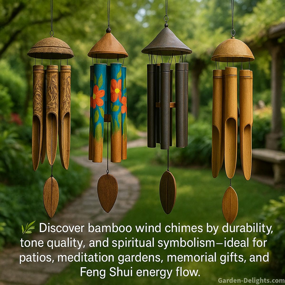 Bamboo wind chimes in diverse designs painted decorative chimes, rustic hand-carved bamboo, eco-friendly natural finishes, and bamboo-metal fusion styles for balanced outdoor sound and symbolism