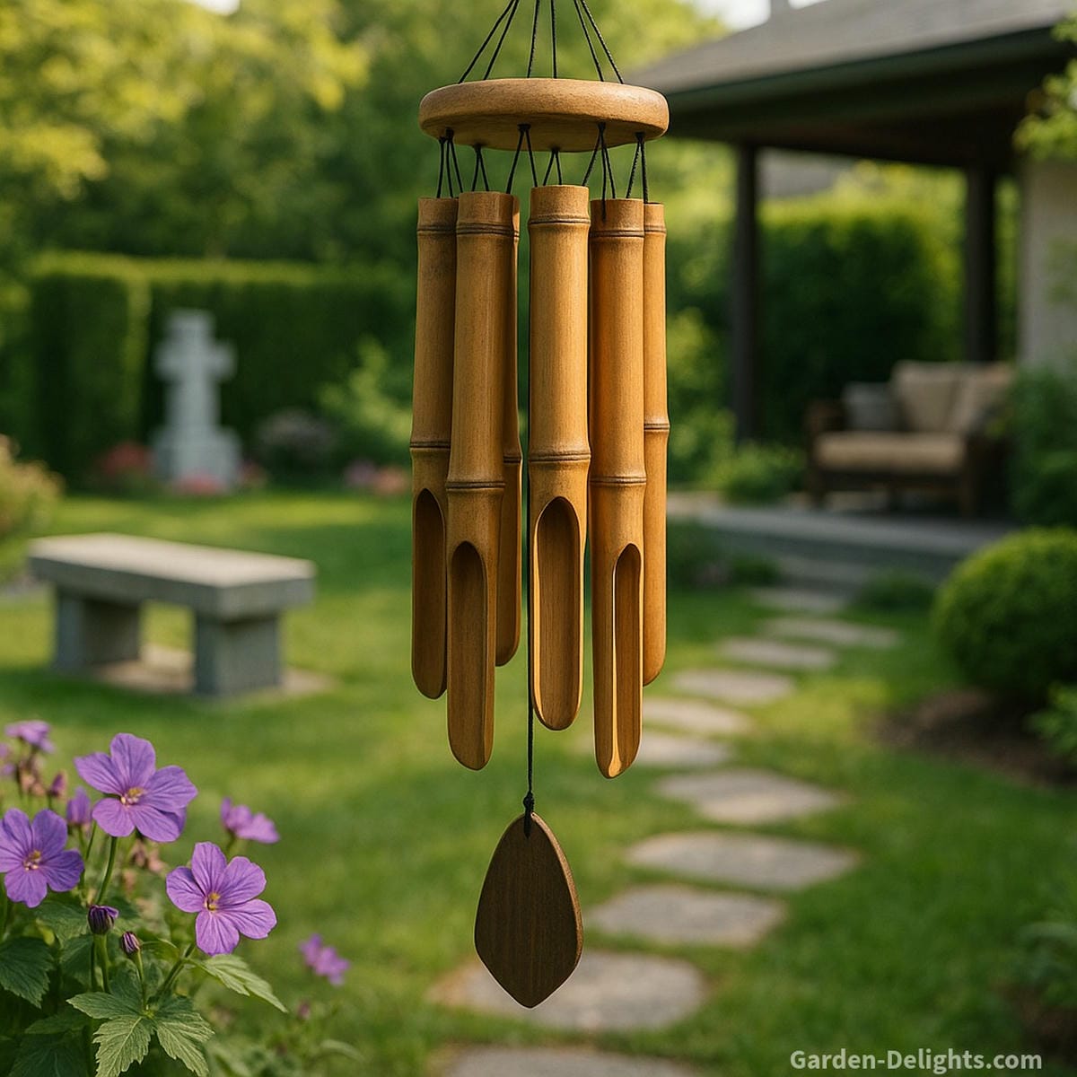 Handmade bamboo wind chimes hanging in a Western memorial garden and modern Zen patio symbolizing eco-conscious living, remembrance, stress relief, and sustainable décor with deep spiritual meaning
