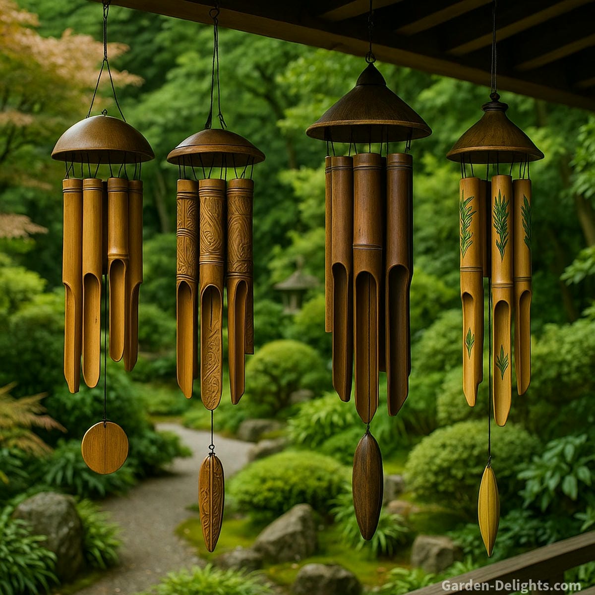 Handmade bamboo wind chimes swaying in a serene Zen garden featuring traditional, decorative, deep-tone, and Feng Shui styles. Each chime symbolizes peace, creativity, grounding strength, and chi energy balance, offering soft rustling tones for meditation gardens, memorial retreats, and eco-friendly outdoor décor.