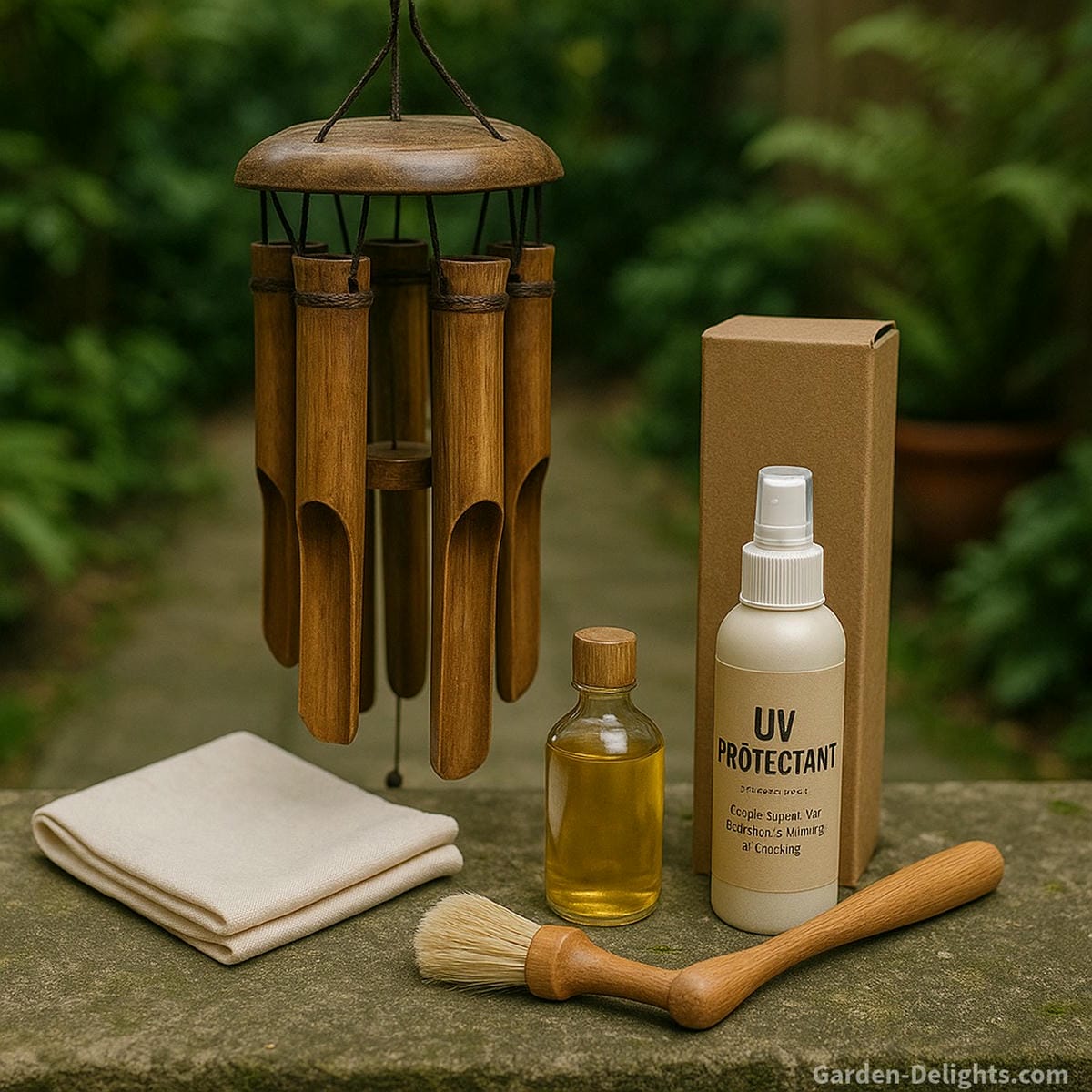 Bamboo wind chime cleaning tools including natural oil, cloth, soft brush, and UV protectant in an earthy garden setting with sustainable packaging
