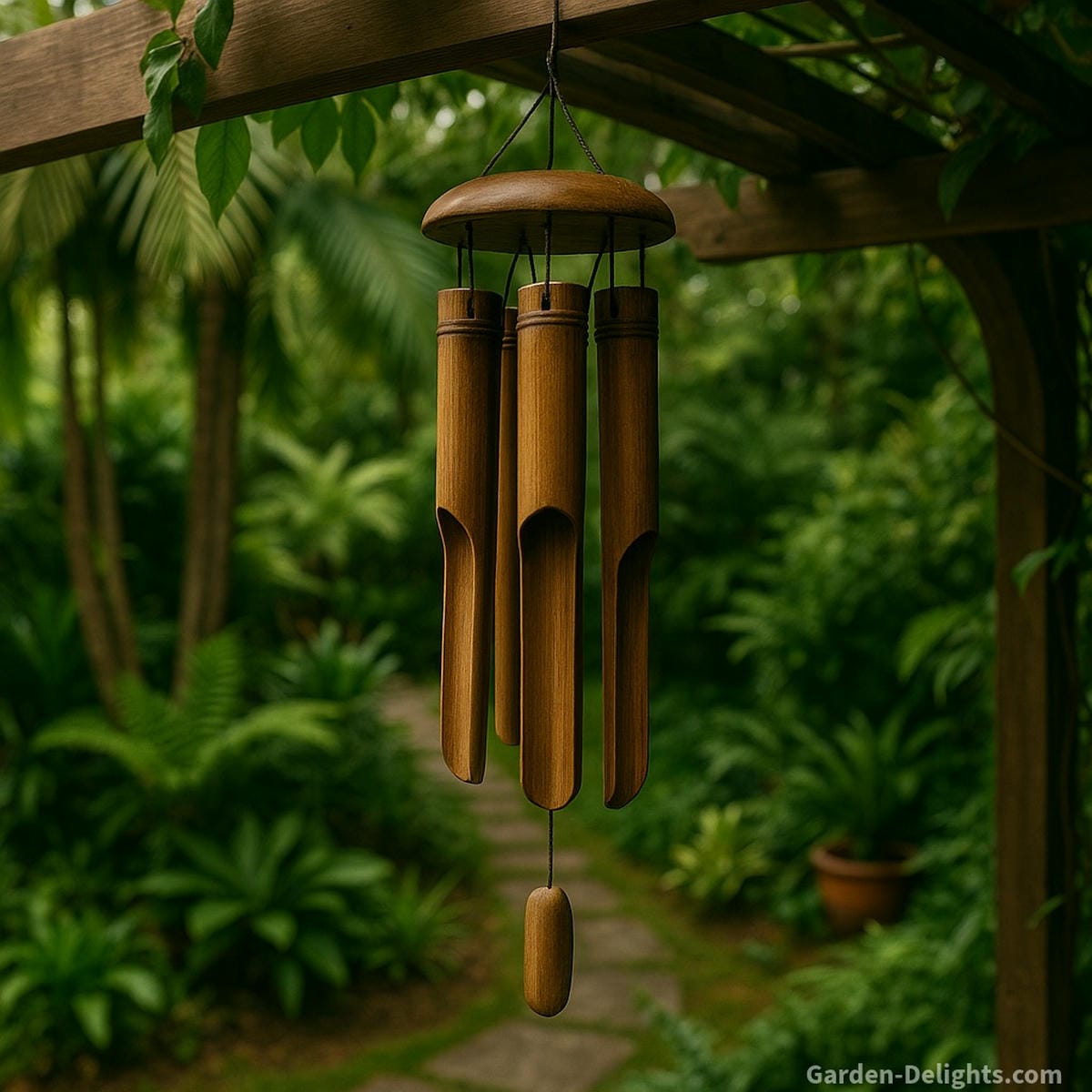 Handcrafted bamboo wind chimes with hollow tubes hanging from a shaded pergola in a tropical garden symbolizing calming energy, sustainable design, wooden Feng Shui balance, and outdoor spiritual decor