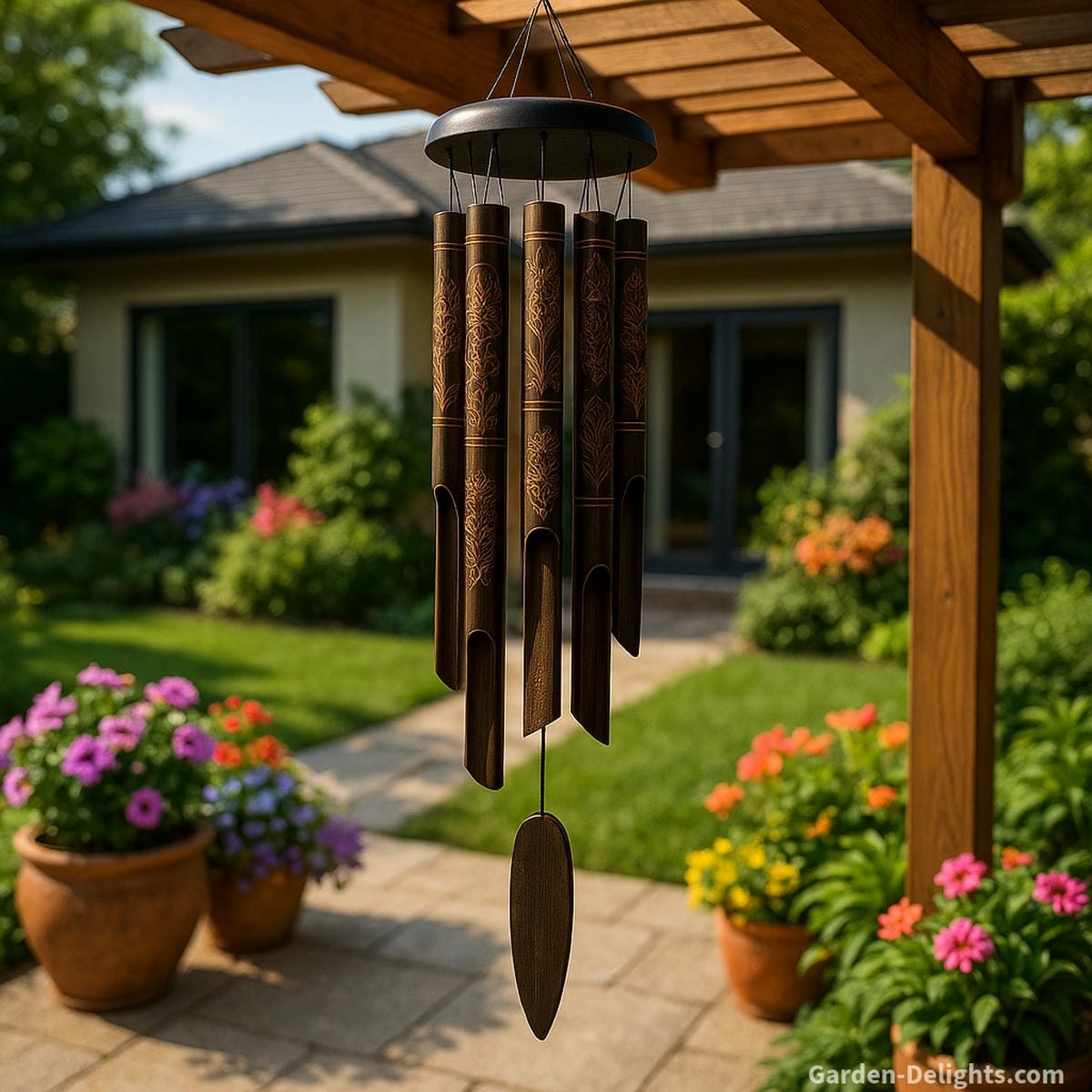 Bamboo Feng Shui wind chimes with engraved dark tubes hanging from a wooden pergola on a peaceful patio, surrounded by colorful flowers and greenery symbolizing Wood Element vitality, Chi protection, abundance energy, and meditative balance
