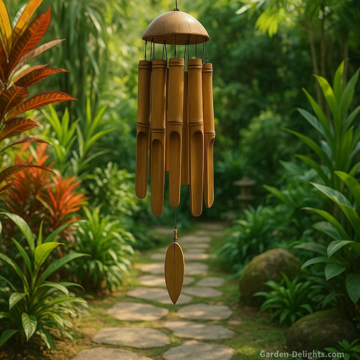 bamboo wind chimes in serene garden with steady airflow creating soft tapping tones natural resonance and peaceful outdoor balance