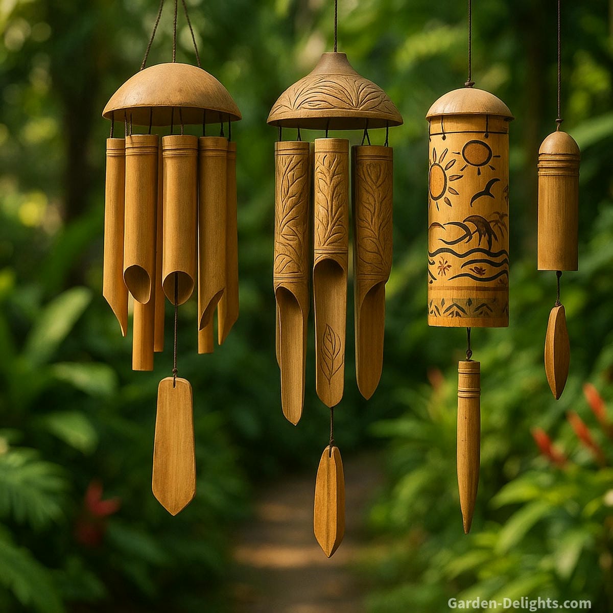 variety of bamboo wind chimes in garden showing different tube lengths shapes and airflow sound variations