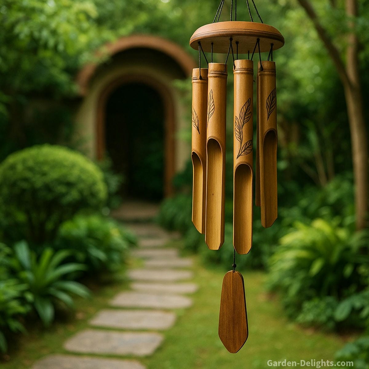 bamboo wind chimes at garden entryway with light airflow creating natural tones and supporting feng shui wood element energy