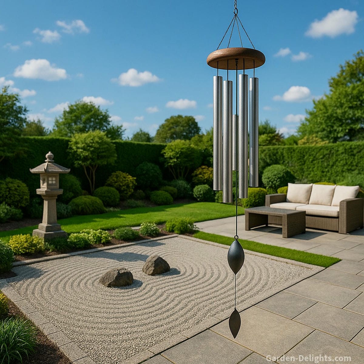 Beautiful metal wind chimes swaying in a Feng Shui Zen garden with Japanese lanterns, raked stone patio, and gentle Yang energy symbolizing clarity, prosperity, and balanced Chi flow in outdoor spaces