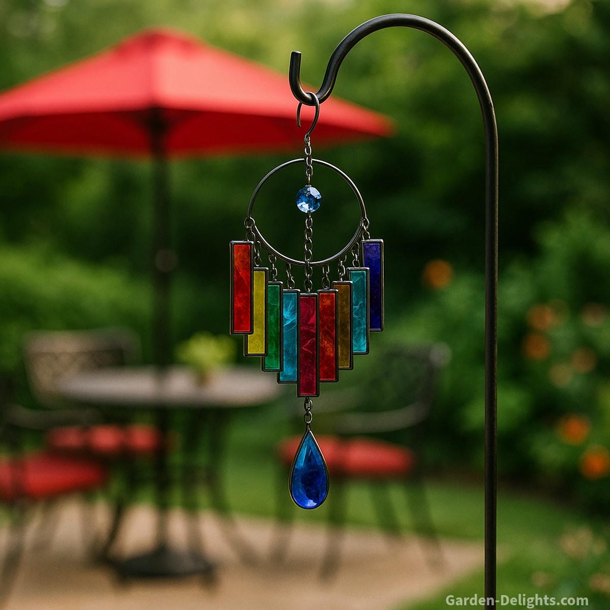 Colorful stained glass wind chime hanging gracefully from a black shepherd’s hook beside a patio table with a red umbrella symbolizing artistic beauty, Feng Shui energy, and outdoor tranquility
