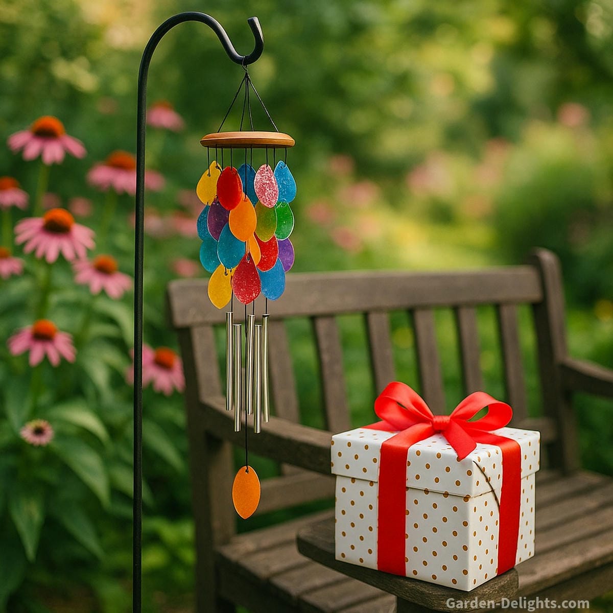 beautiful wind chimes in crystal and metal near garden bench showing tone variation airflow movement and symbolic gift meaning