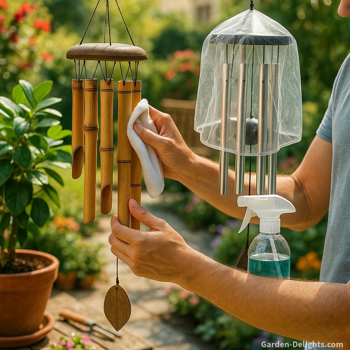 Beautiful wind chimes in bamboo and metal being gently cleaned and sheltered on a sunny patio showing weather protection, sound preservation, and mindful garden care