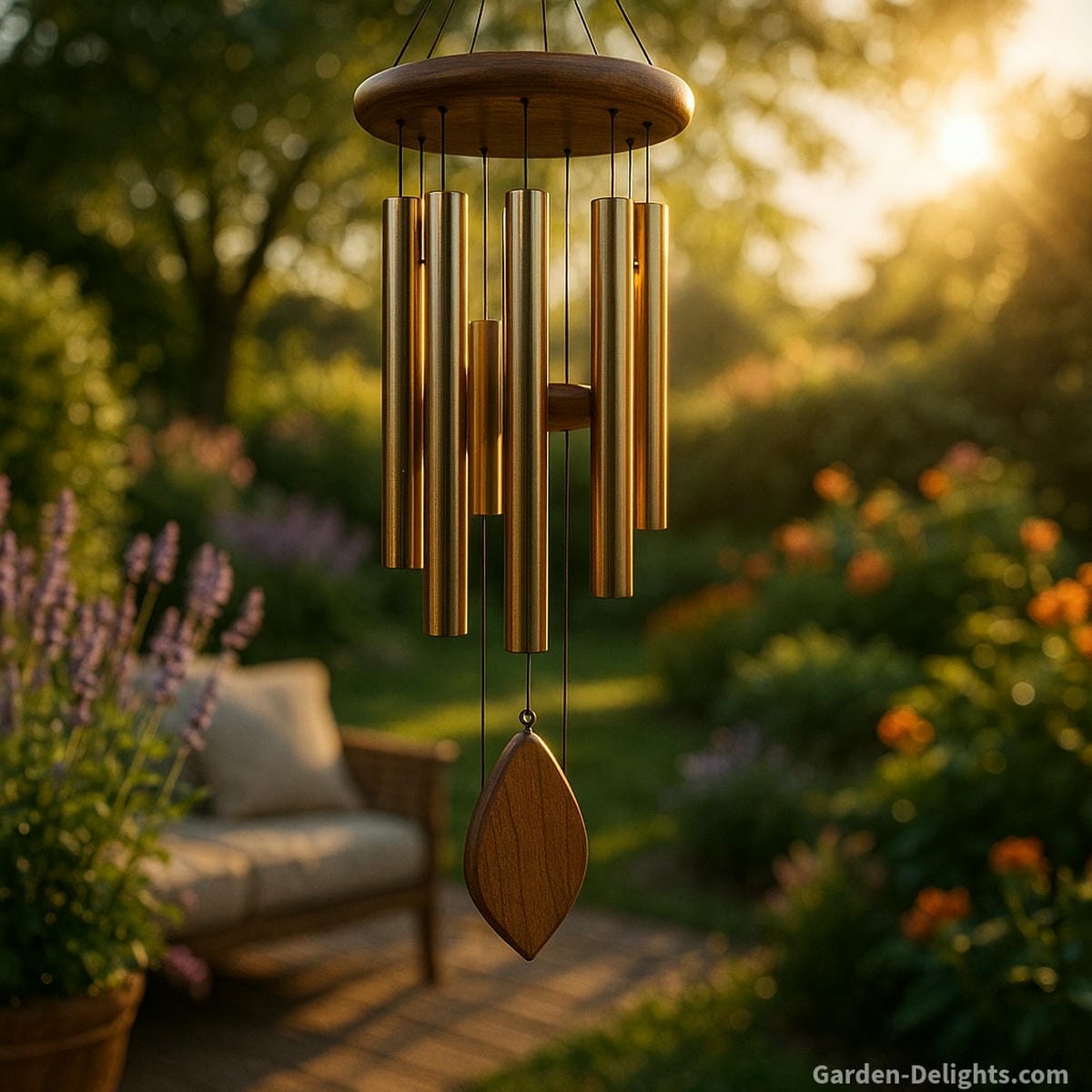beautiful wind chimes in garden patio with steady airflow creating soft tone movement balanced feng shui energy and outdoor harmony