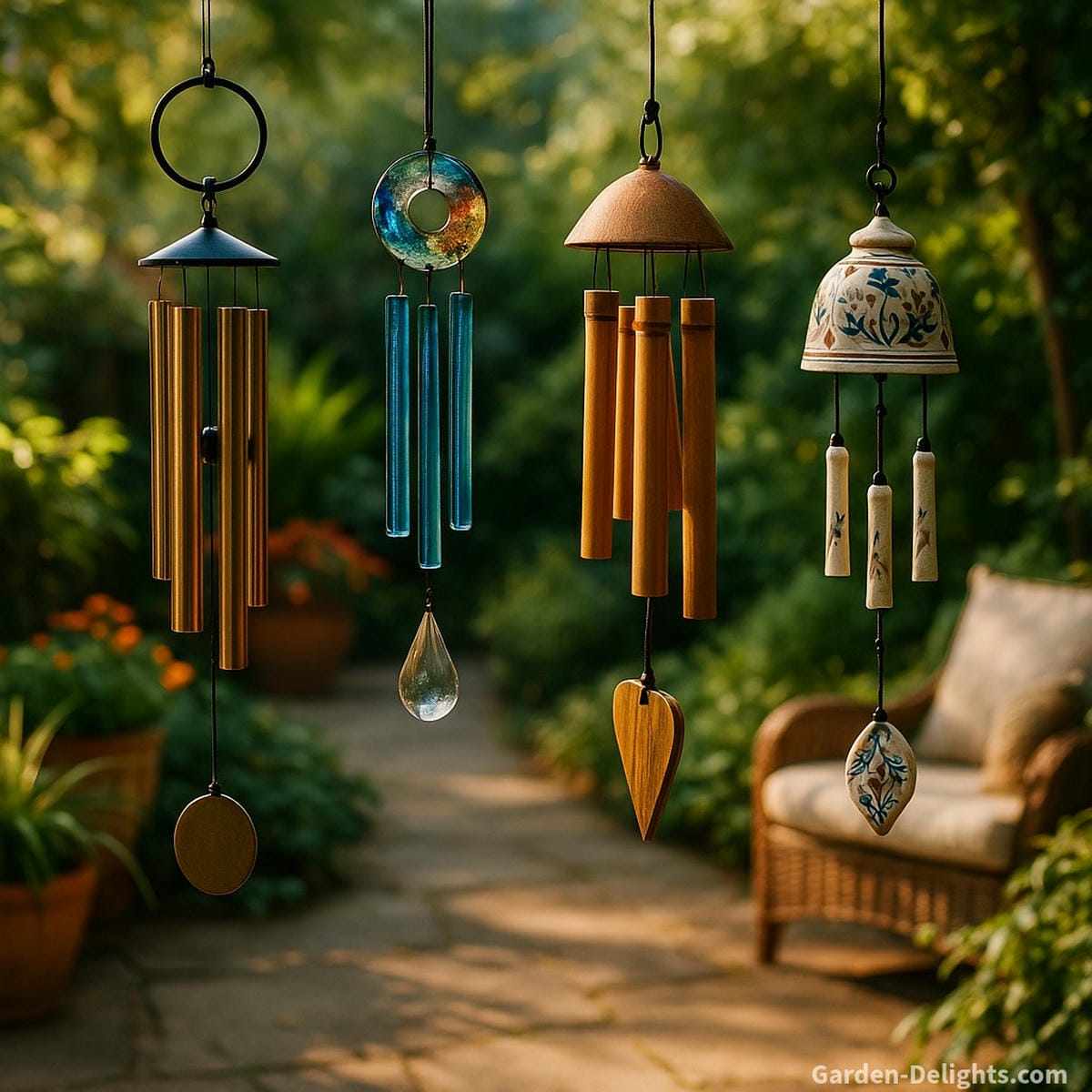 Beautiful wind chimes made of metal, bamboo, ceramic, and glass displayed in a sunlit patio garden each material symbolizing sound therapy, emotional healing, and Feng Shui energy flow