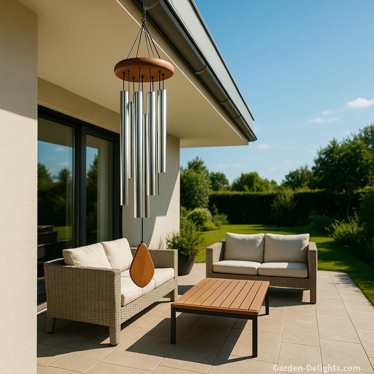 wind chimes on modern patio with natural light airflow creating gentle tone and calm outdoor atmosphere