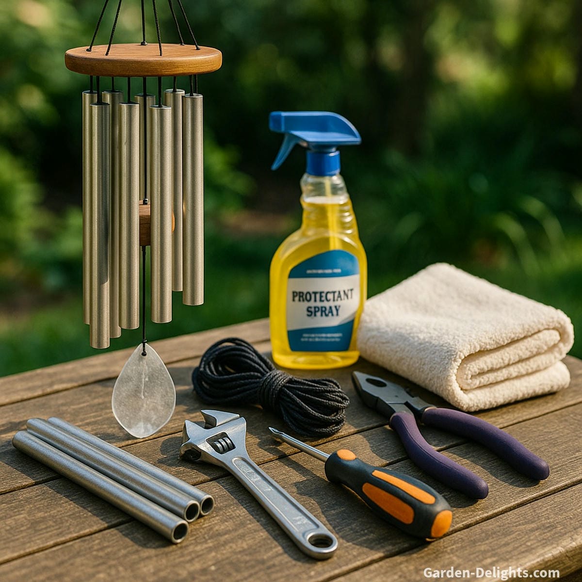 Repairing and storing beautiful wind chimes with gentle tools and supplies preserving acoustic tone, symbolic energy, and outdoor harmony in garden and patio spaces
