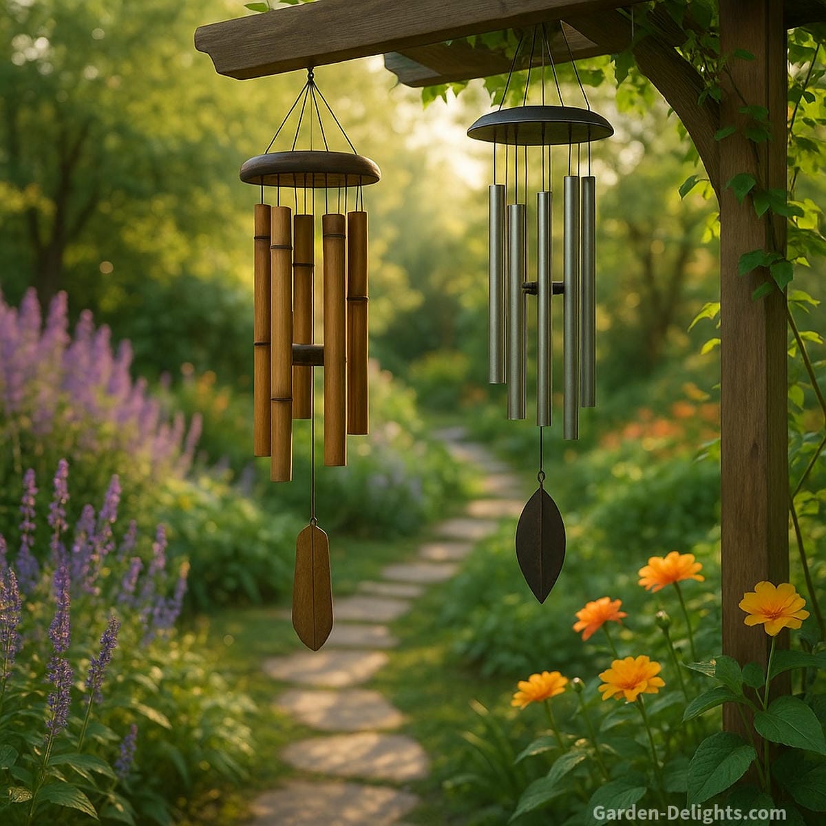 bamboo and metal wind chimes in garden sanctuary with soft airflow tone blending and calm outdoor atmosphere