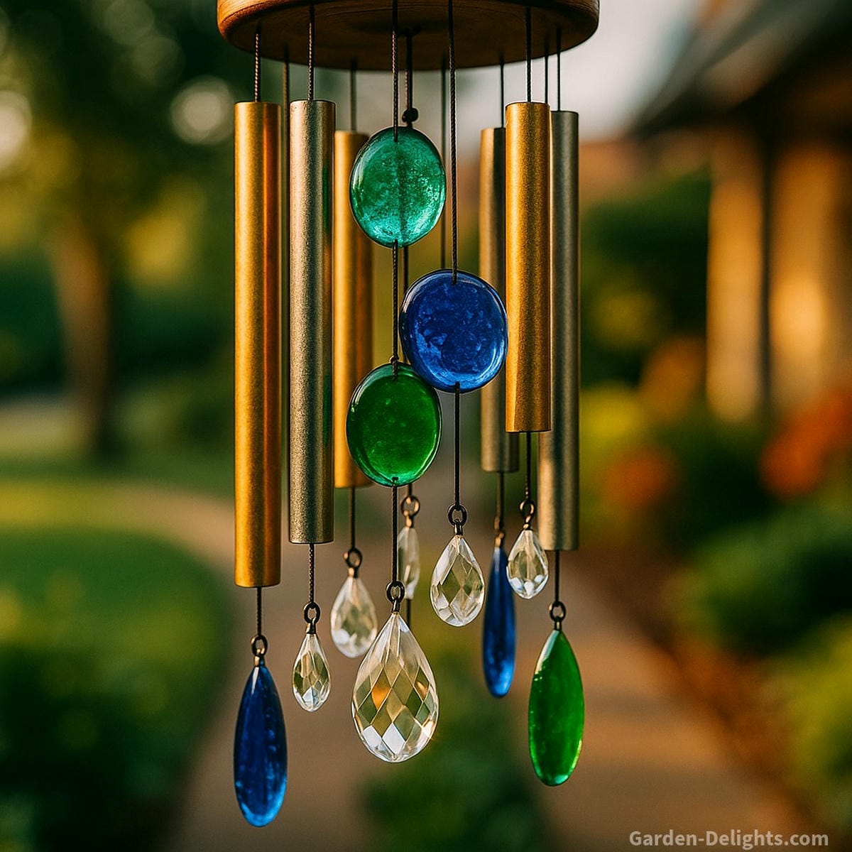 Beautiful wind chimes in sharp focus with glistening rods and decorative beads hanging from a balcony pergola above a peaceful garden path, symbolizing emotional clarity, sound healing, and Feng Shui alignment