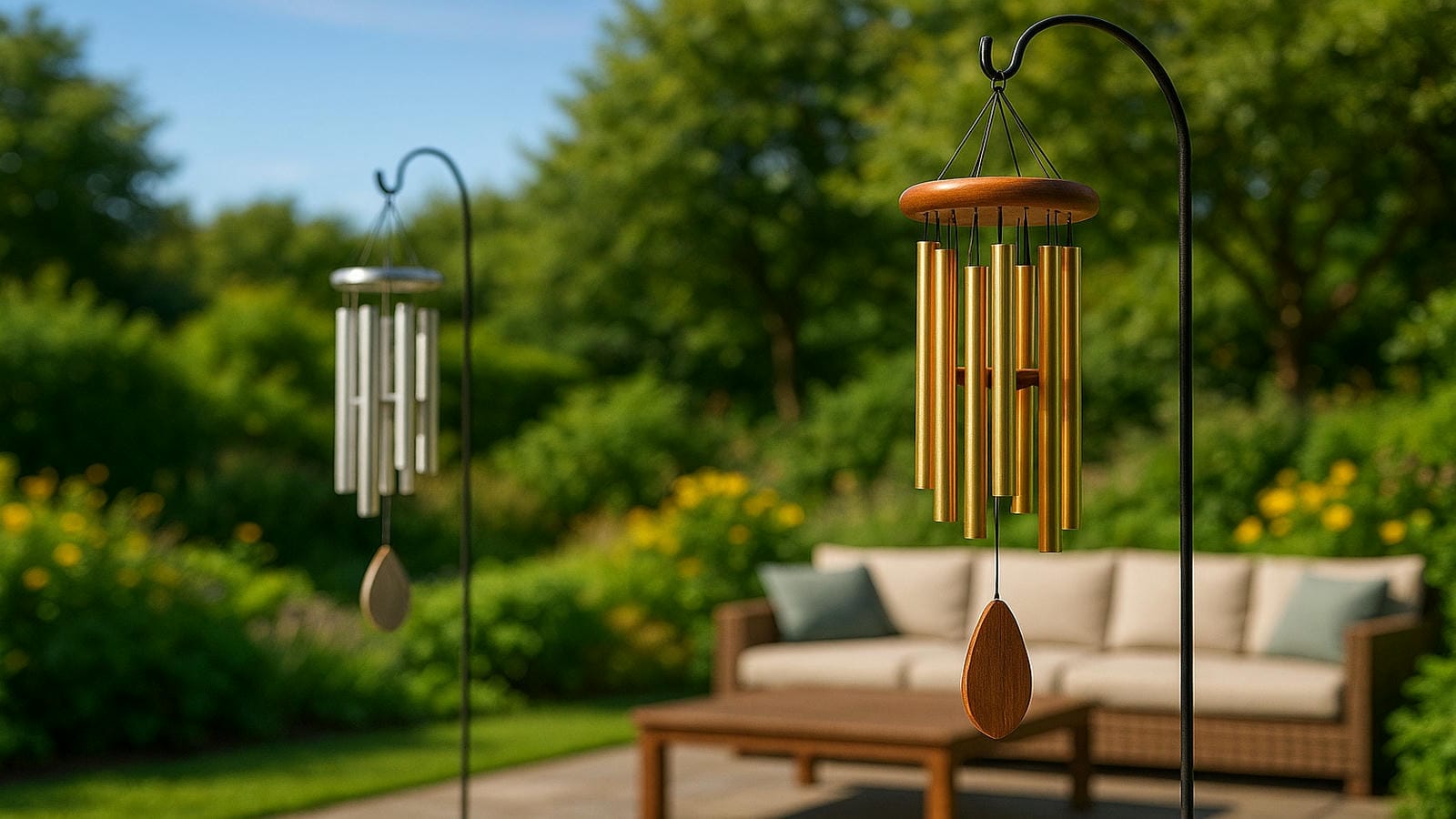 Beautiful wind chimes swaying gently in a sunlit garden patio, with shimmering rods and wood accents casting light and shadow creating harmony, soothing tones, and elegant outdoor beauty