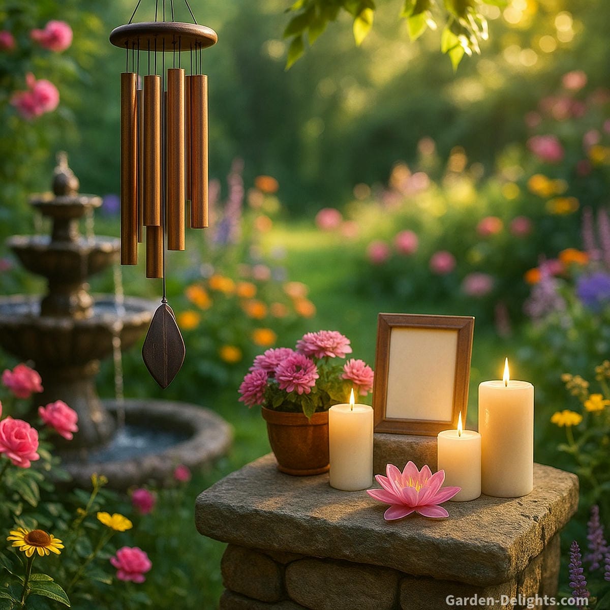 wind chimes above garden altar with soft airflow creating reflective tone and calm symbolic atmosphere