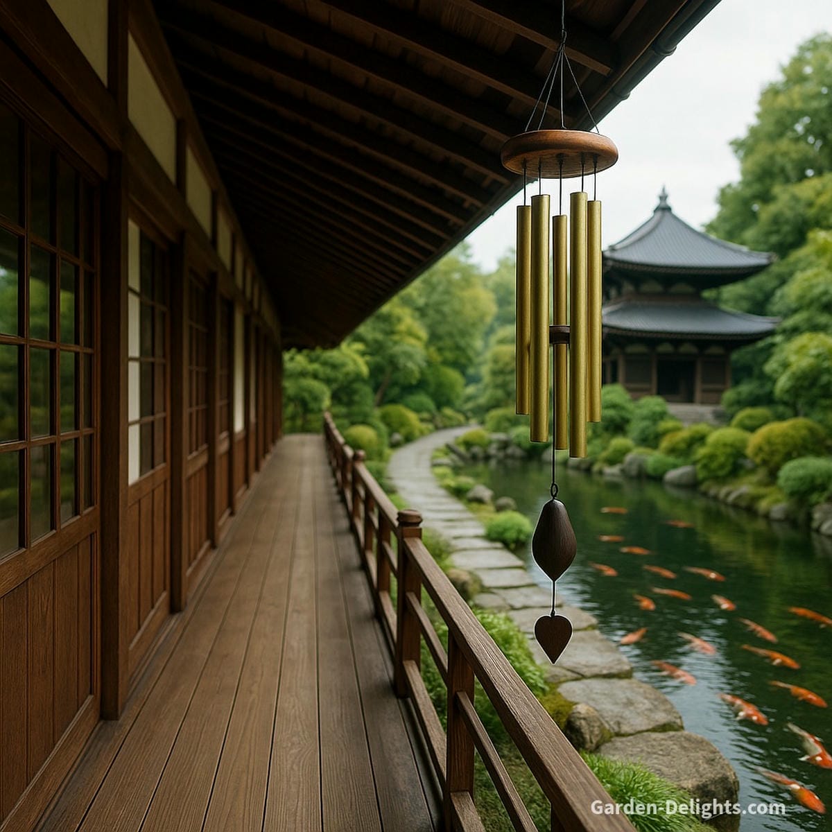 wind chimes near koi pond with gentle airflow creating soft tones and balanced feng shui energy in outdoor setting