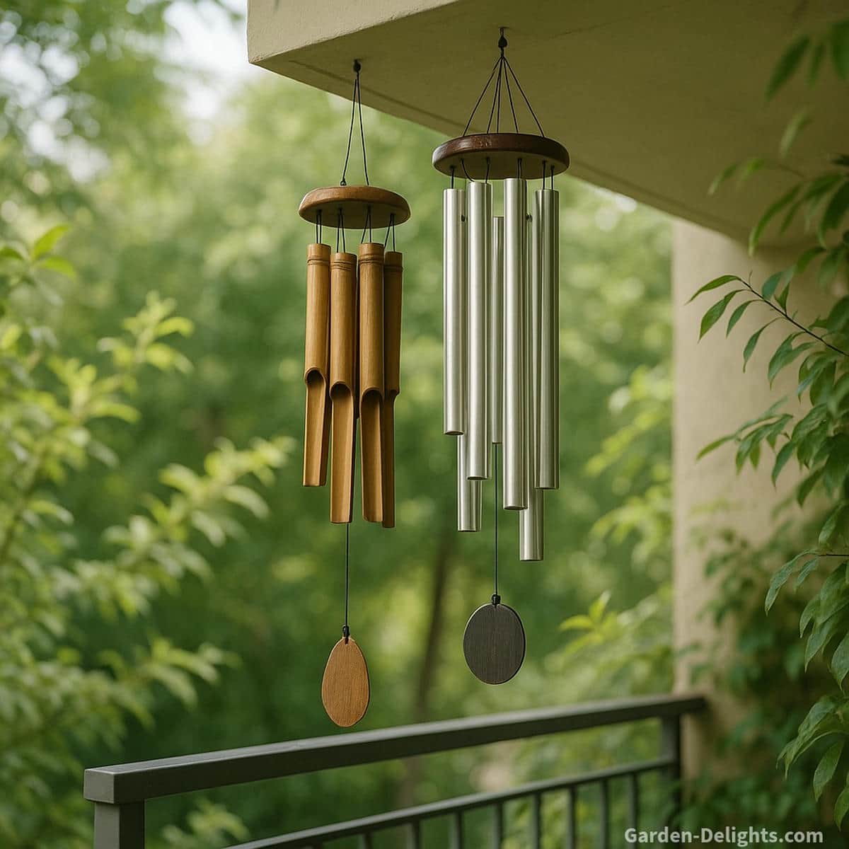 Quiet bamboo and aluminum balcony wind chimes hanging under a small overhang with soft greenery showing gentle airflow calm resonance and peaceful energy in a compact outdoor space