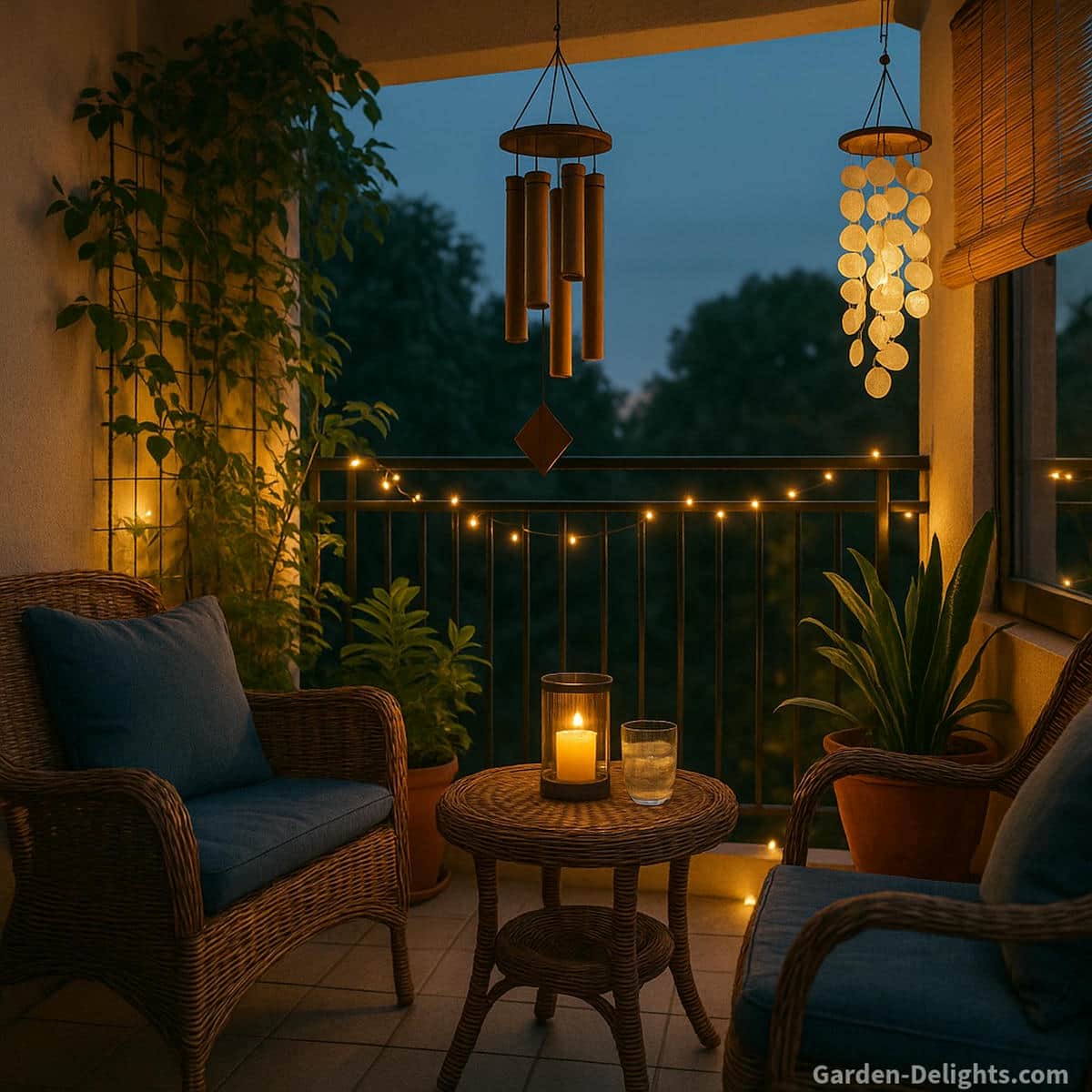 Balcony wind chime decor shown with plants warm lights wicker seating and gentle airflow shaping soft tone and cozy apartment balcony ambience