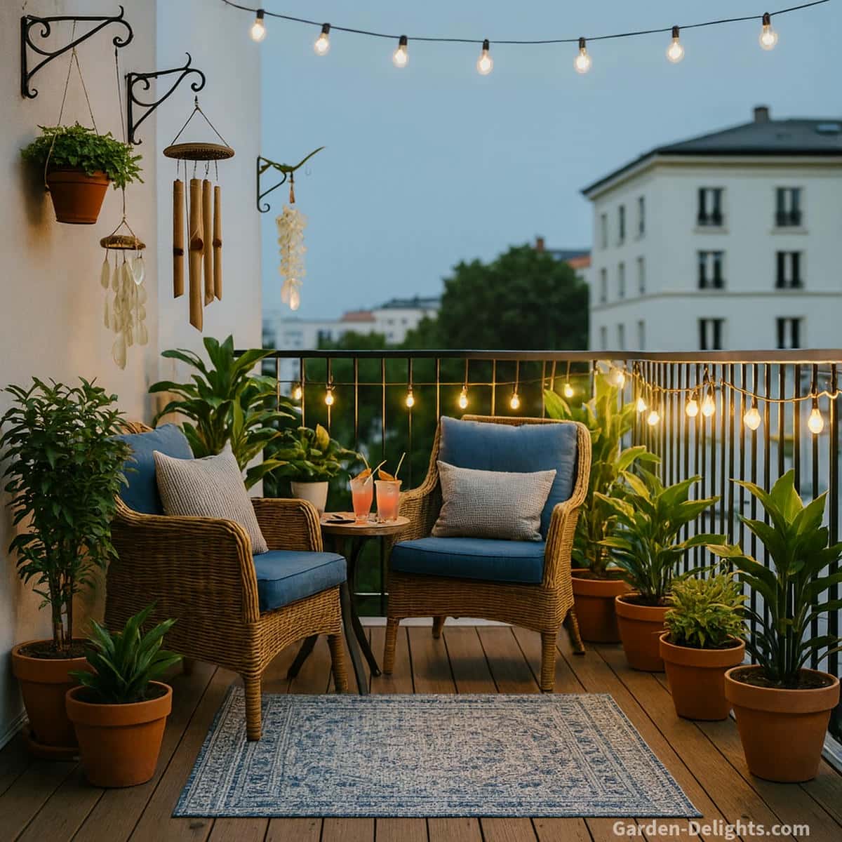 balcony decor with wind chimes warm lights and cozy seating creating soft airflow and calm tone atmosphere