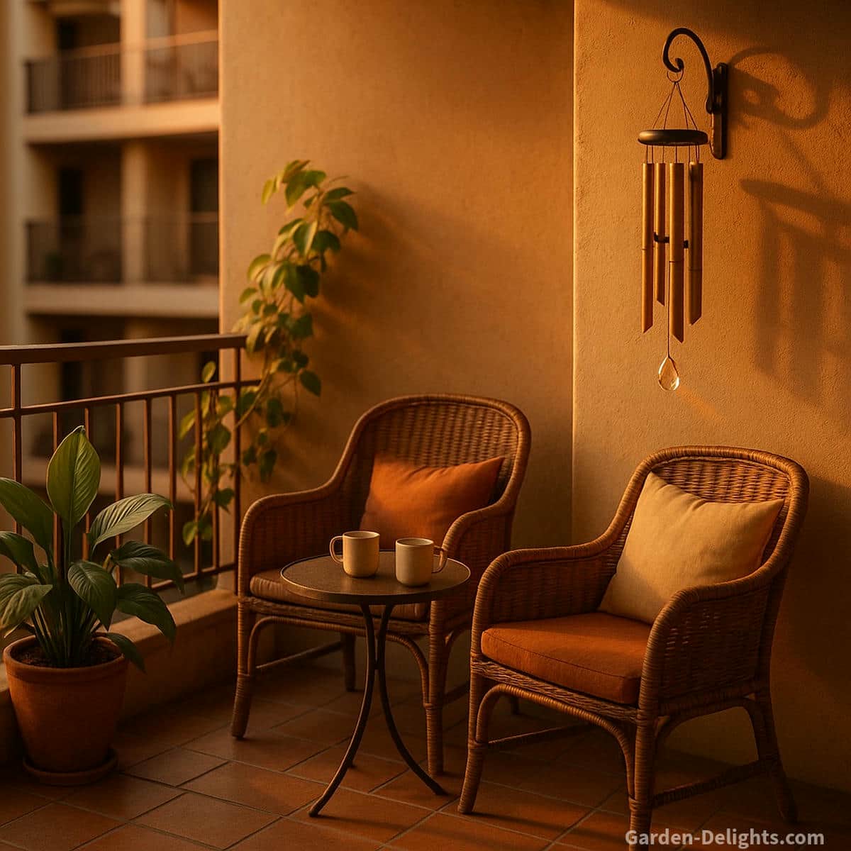 Quiet balcony Feng Shui wind chimes placed in a warm evening relationship corner where bamboo and crystal elements create mellow tone soft vibration and gentle Chi movement across a small apartment balcony