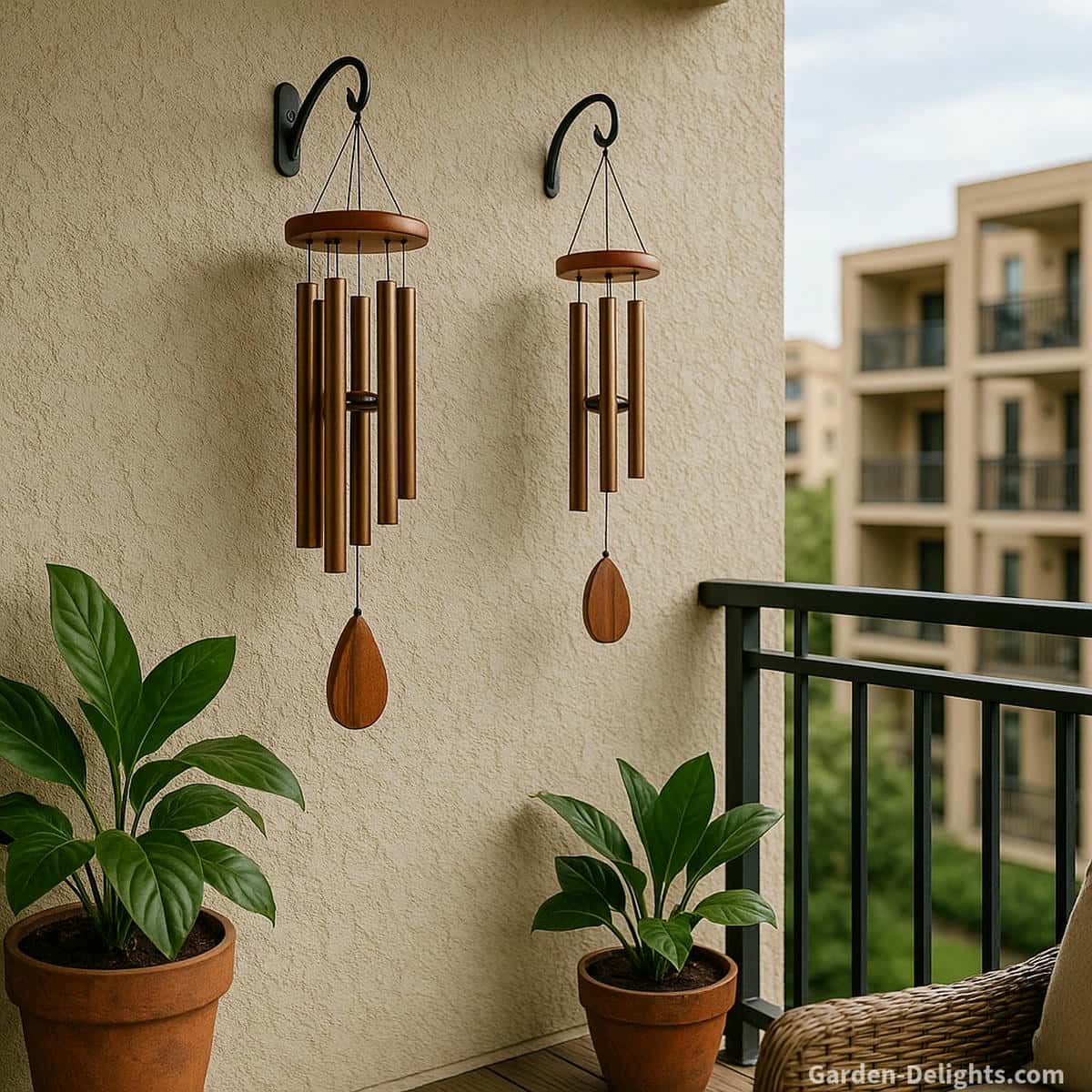 Balcony wind chimes displayed across different micro airflow zones including shaded corners railing edges ceiling pockets and plant sheltered areas showing how each zone shapes soft tone airflow speed and gentle resonance for apartment balconies