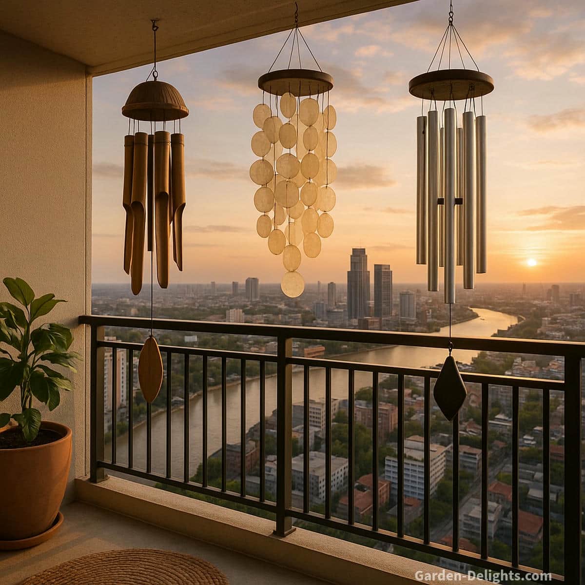 Quiet balcony wind chimes made of bamboo, capiz and lightweight aluminum hanging on a high rise apartment balcony with soft rhythmic motion, warm evening light and gentle airflow that shapes a calming small space soundscape.