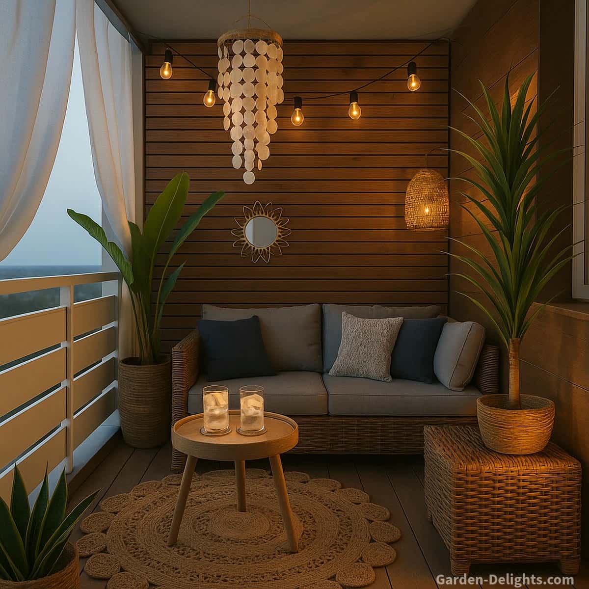 A bright boho balcony decorated with a capiz wind chime wicker seating light grey cushions navy pillows and layered greenery where soft airflow shapes gentle tone and creates calm small space harmony