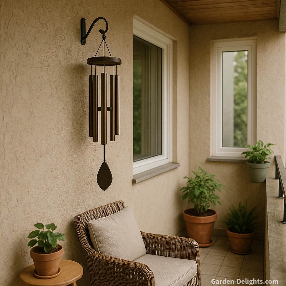 Bronze wind chime hanging from a black wall hook beside a white framed window on a small balcony with wicker seating and potted plants creating a calm sanctuary atmosphere