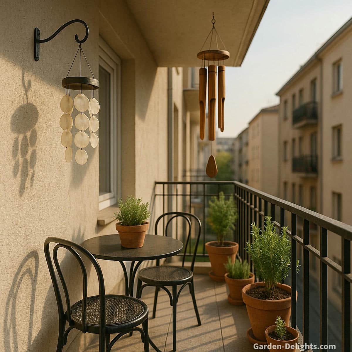 Capiz and bamboo wind chimes moving in a soft morning breeze on a narrow apartment balcony with a small bistro table herb planters and gentle airflow that shapes quiet tone and calm small space comfort