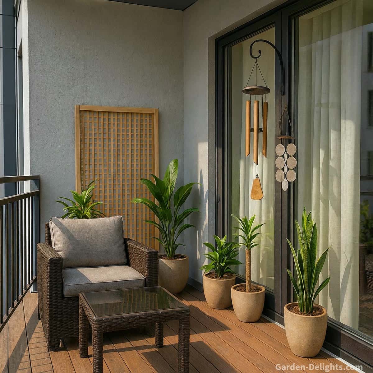 Open balcony with bamboo and capiz wind chimes on a decorative hook beside spaced greenery wicker seating and a warm privacy screen showing calm airflow soft tone clarity and balanced Outdoor Decor