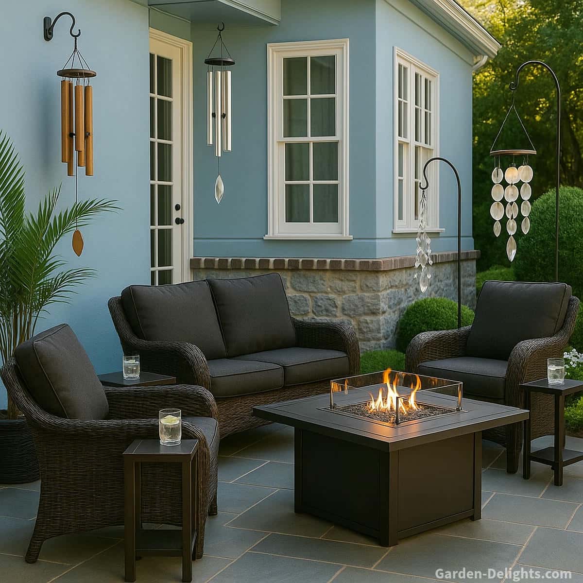 Bamboo aluminum capiz and crystal balcony wind chimes arranged around a small cozy patio with dark wicker furniture a black fire table and a light blue house backdrop creating soft airflow motion and gentle calming sound for compact condo style outdoor spaces