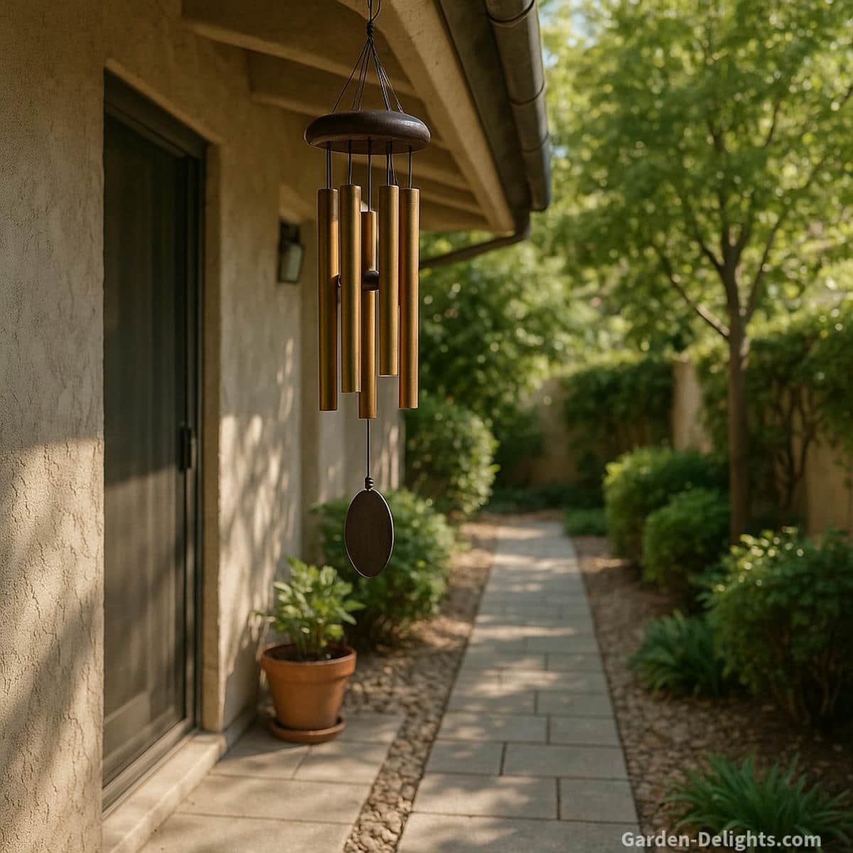 Bronze tone wind chime hanging beside a stucco patio wall overlooking a narrow stone pathway with soft garden greenery and calm airflow shaping gentle sound in a small outdoor space