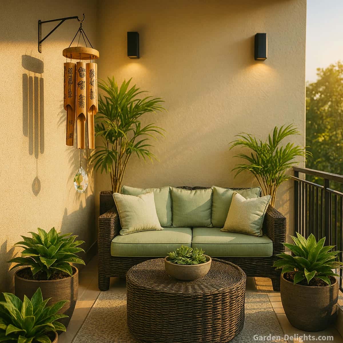 Balcony bamboo and crystal wind chimes hanging above a warm sunlit seating nook with black wicker furniture seafoam cushions and gentle airflow that shapes soft melodic tone emotional calm and peaceful small space energy