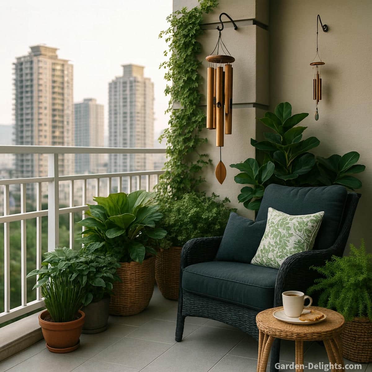 balcony wind chimes creating soft tone sanctuary with gentle airflow and cozy seating area