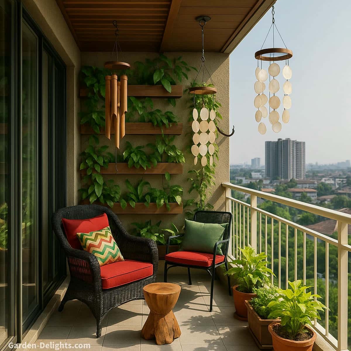 Capiz and bamboo balcony wind chimes swaying in gentle airflow beside a light vertical garden with black wicker chairs red cushions and a white railing creating calm small space harmony and quiet emotional comfort in an urban apartment setting