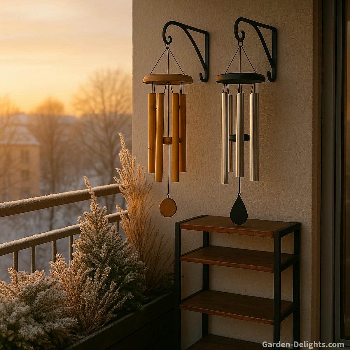 Cozy apartment balcony at winter sunset with bamboo and aluminum wind chimes gently stored on a small wooden shelf beside frost tipped plants showing symbolic calm and soft winter sound care for cold climate living
