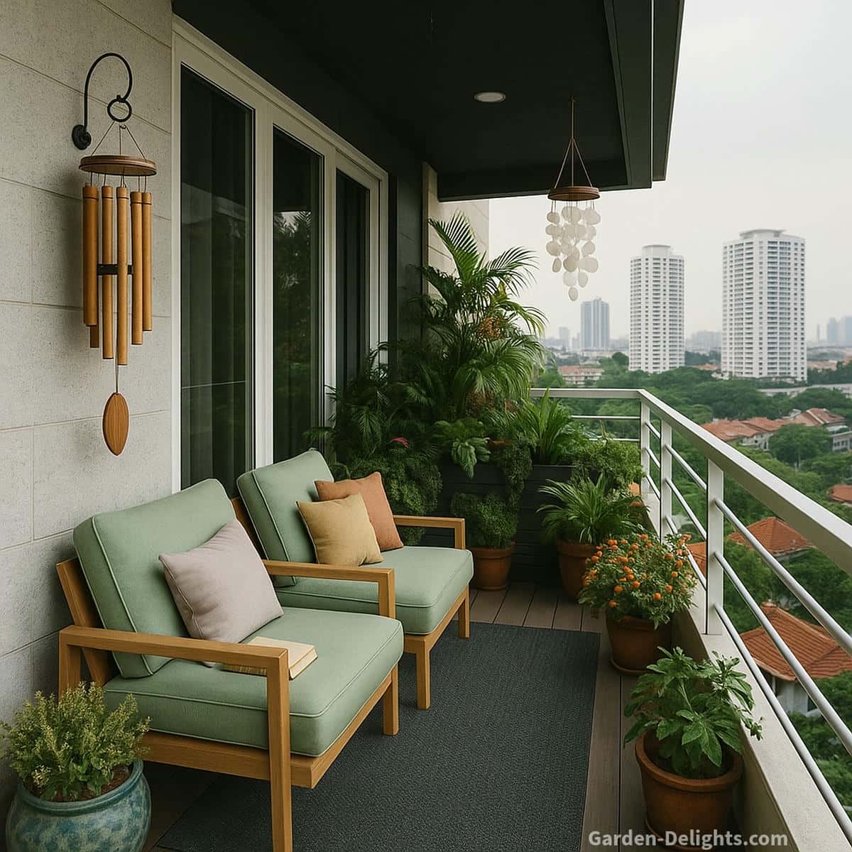 soft tone balcony wind chimes in urban setting with bamboo and capiz materials shaping gentle airflow and quiet comfort